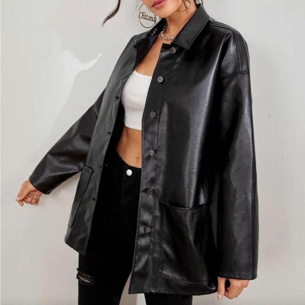 Black Leather Button-Up Jacket